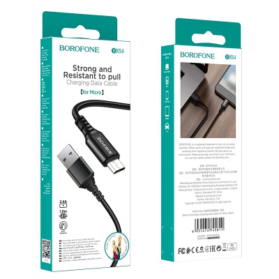BOROFONE Кабель BX54 USB - MicroUSB 2.4А 1м в оплетке черный