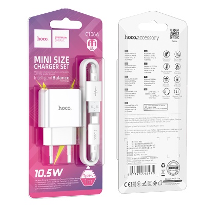 HOCO Зарядное устройство C106A 1xUSB 2.1A + кабель Type-C белый