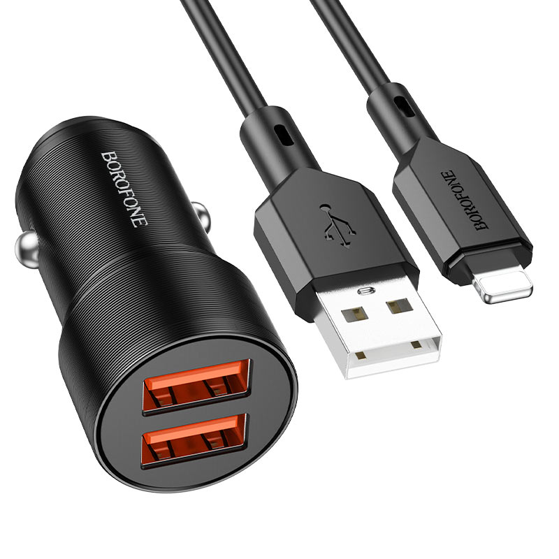 Borofone Зарядное устройство автомобильное BZ19 2ХUSB 12W + кабель iPhone черный
