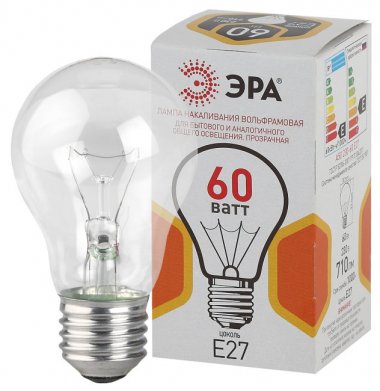 ЭРА Лампа накаливания А50 прозрачная 60Вт Е27 10/уп 100/кор