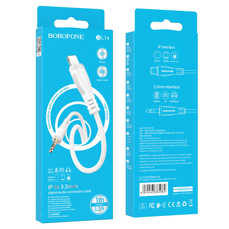 BOROFONE Кабель BL14 AUX Jack (M) 3.5 - Lightning 1м белый