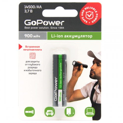 GoPower Аккумулятор Li-Ion 14500 900mAh c защитой, выс. конт. BL1 6/уп