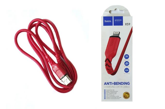 HOCO Кабель X59 USB - Lightning 2,4А 1м ткань, красный