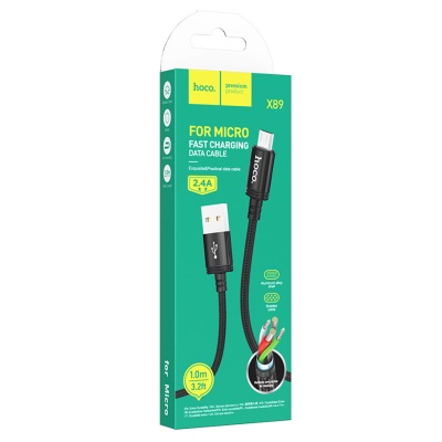 HOCO Кабель X89 USB - MicroUSB 2.4А 1м черный нейлон