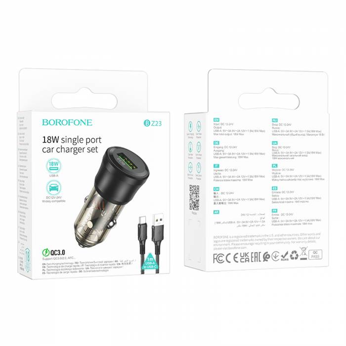 Borofone Зарядное устройство автомобильное BZ23 QC3.0 18W 1ХUSB 3А + кабель Type-C черный