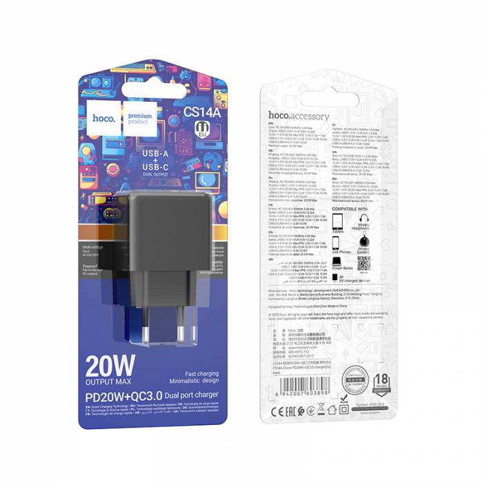 HOCO Зарядное устройство CS14A 1xUSB 1xType-C PD20W QC3.0 черный
