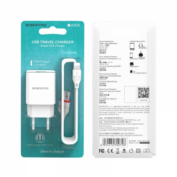 BOROFONE Зарядное устройство BA20A 1xUSB 2.1A + кабель Lightning белый