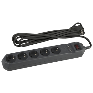 ЭРА Сетевой фильтр USF-5es-1.5m-USB-B 1.5м 5гнезд 2xUSB 10А черный