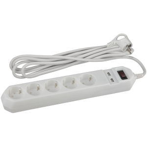ЭРА Сетевой фильтр USF-5es-1.5m-USB-W 1.5м 5гнезд 2xUSB 10А белый