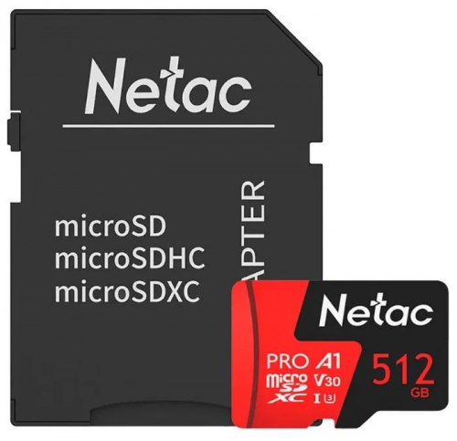 Netac Карта памяти MicroSD P500 Extreme Pro UHS-I A1 V30 512GB (100Mb/s) + адаптер