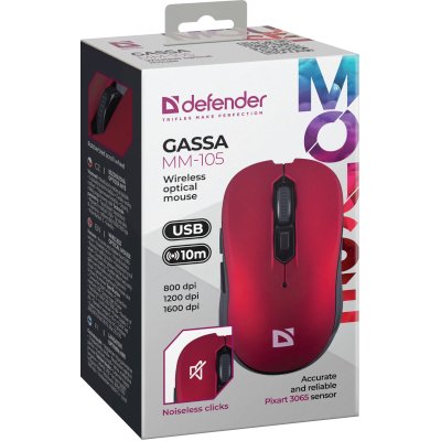 DEFENDER Мышь беспроводная Gassa MM-105 красная