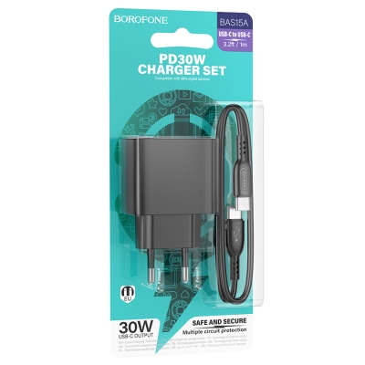 Borofone Зарядное устройство автомобильное BAS15A 1xType-C 30W QC3.0 + кабель Type-C-Type-C черный