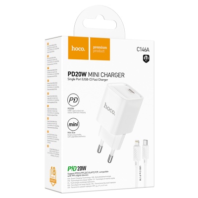 Hoco Зарядное устройство C146A 1xType-C 20W QC3.0 + кабель Type-C-Lightning белый