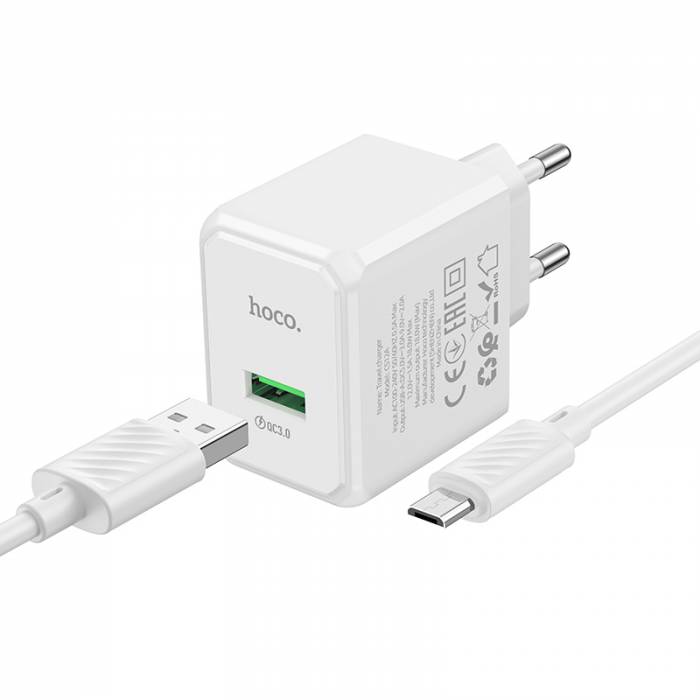 HOCO Зарядное устройство CS12A 1xUSB 18W QC3.0 3A + кабель Micro белый — изображение 2
